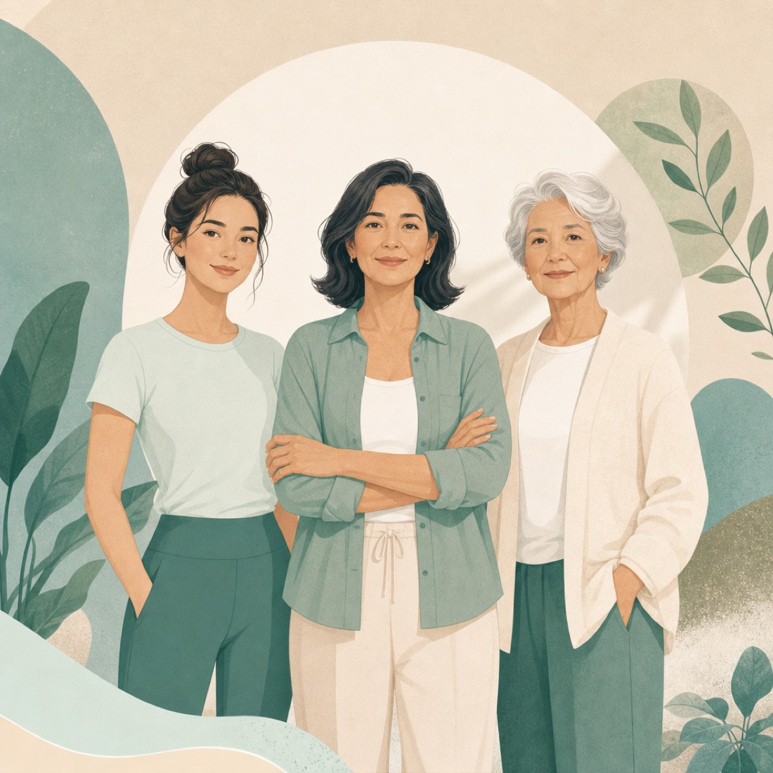 Three adults of different ages standing together, healthy and at ease