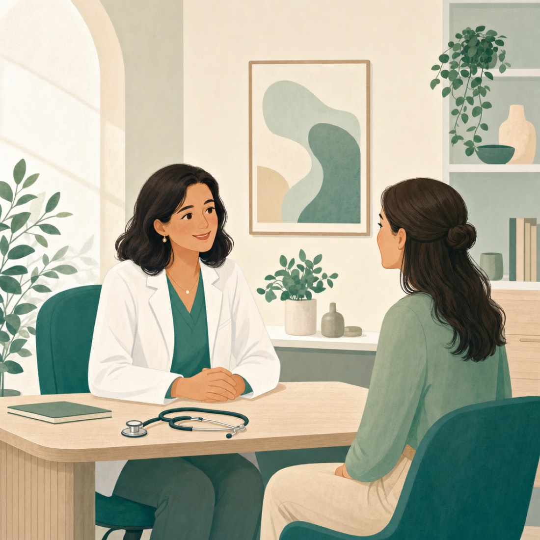 A primary-care clinician and a patient having a relaxed conversation at a desk