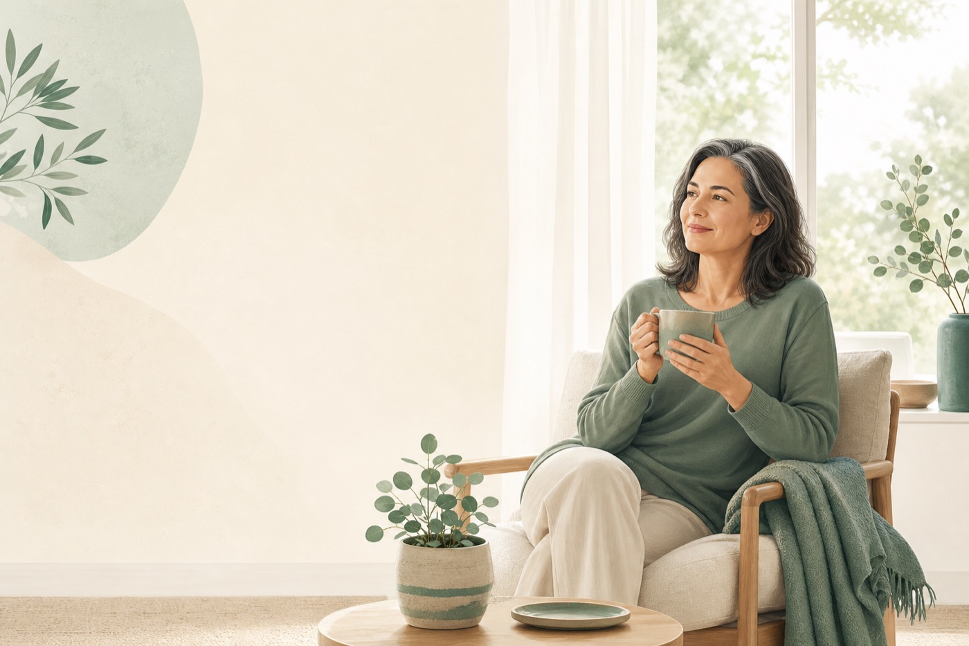 A person sitting calmly by a sunlit window with a cup of tea, looking relaxed and well