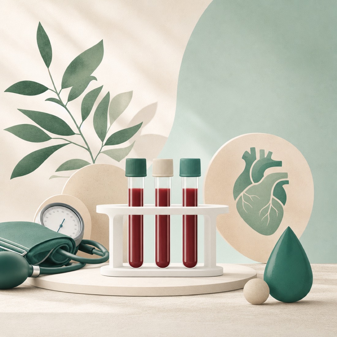 Blood sample tubes in a rack beside a blood-pressure cuff and an abstract heart, representing routine lab tests