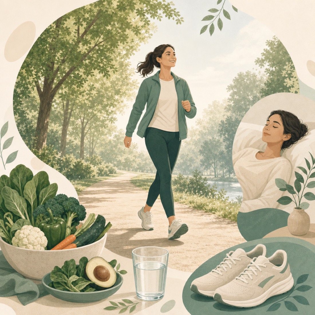 A person walking on a tree-lined path with fresh vegetables, water and walking shoes nearby