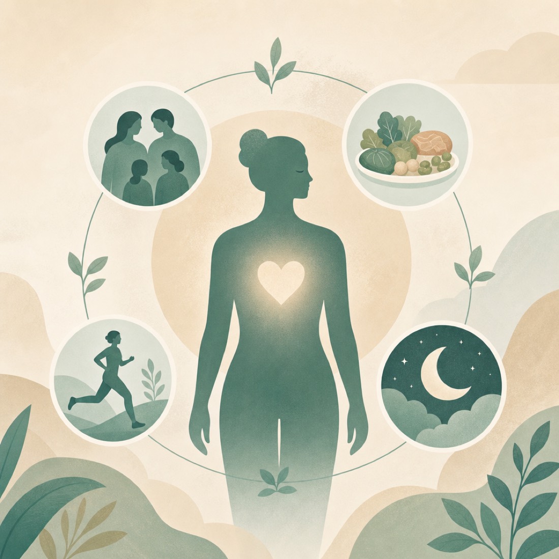 A calm illustration of a person with a heart, ringed by simple icons for family, food, activity and sleep