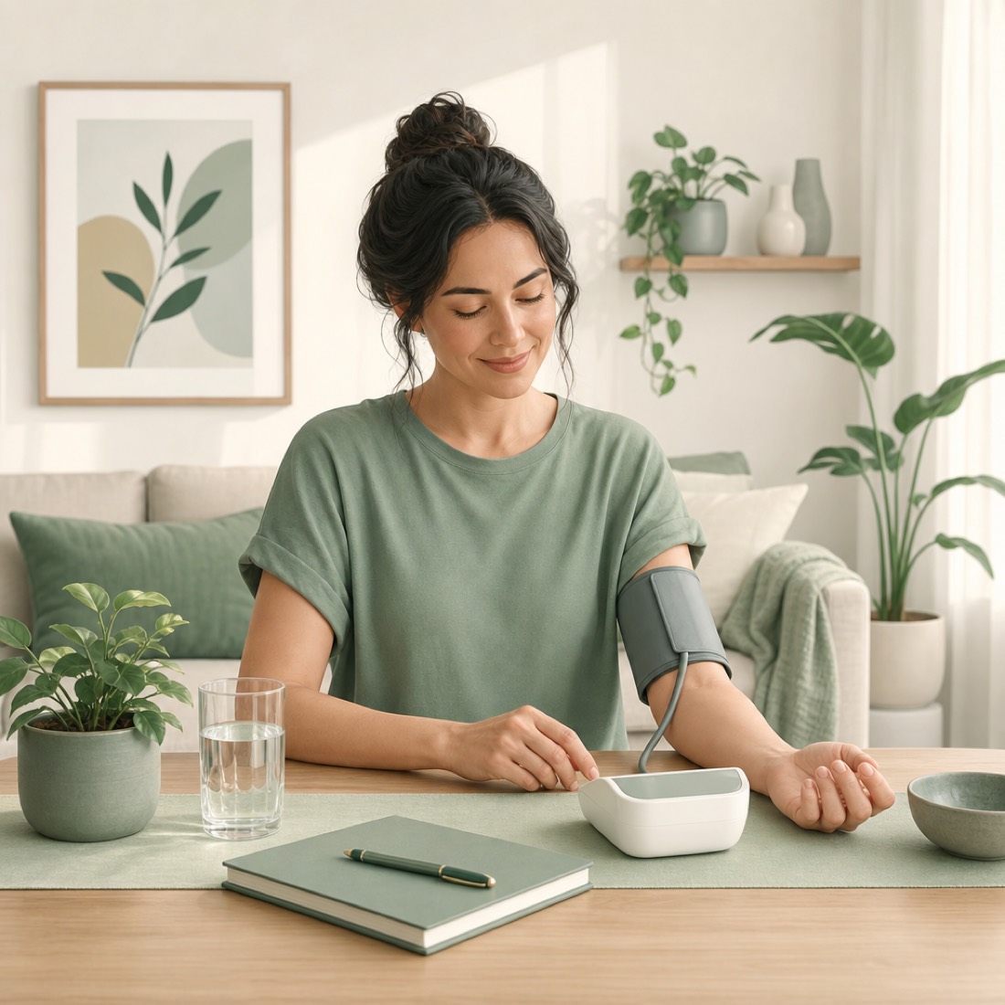 A person calmly checking their blood pressure at home with a simple arm monitor